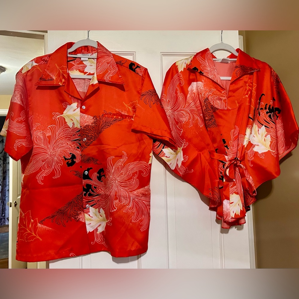 Vintage Unique 60s 70s His and Hers Hawaiian Shirt Set Bright vibrant tropical